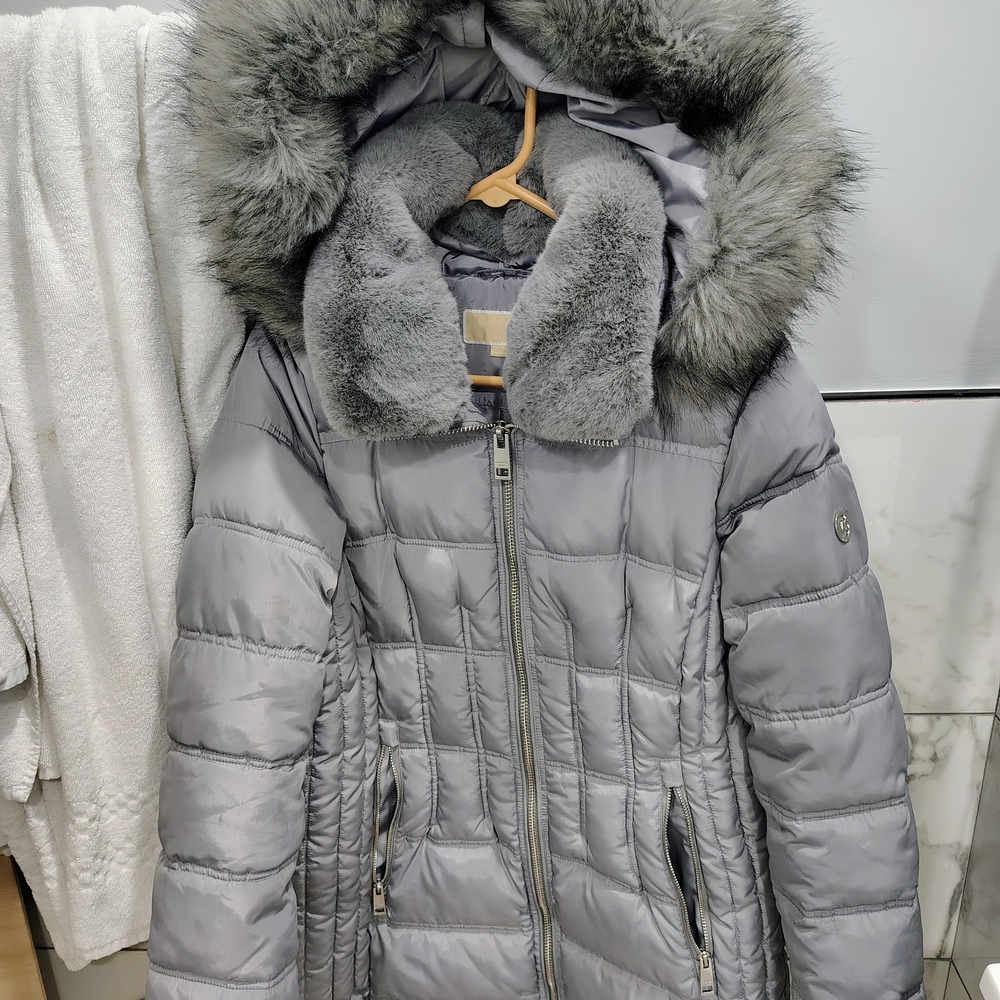 Michael Kors Silver Puffer Jacket with Faux Fur Hood
